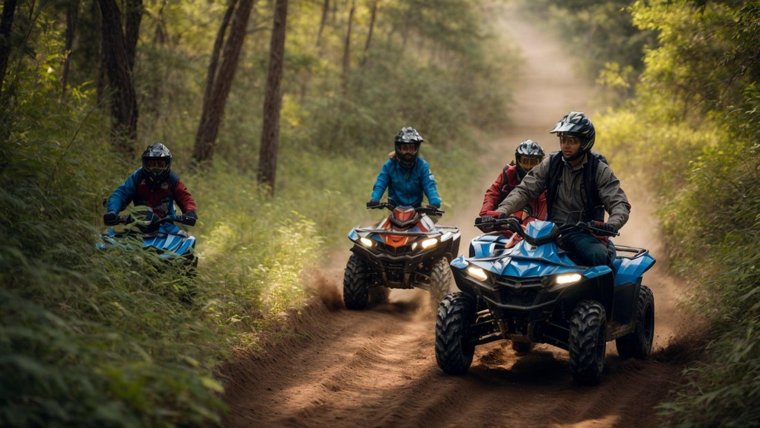 Family riding ATVs on a dirt trail in a forest, wearing helmets and outdoor gear