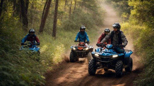 Family riding ATVs on a dirt trail in a forest, wearing helmets and outdoor gear