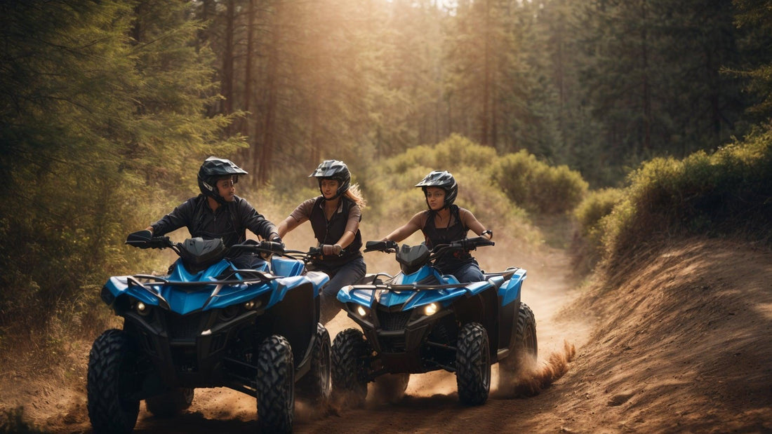 Family riding blue ATVs on a forest trail, outdoor adventure, powersports vehicles