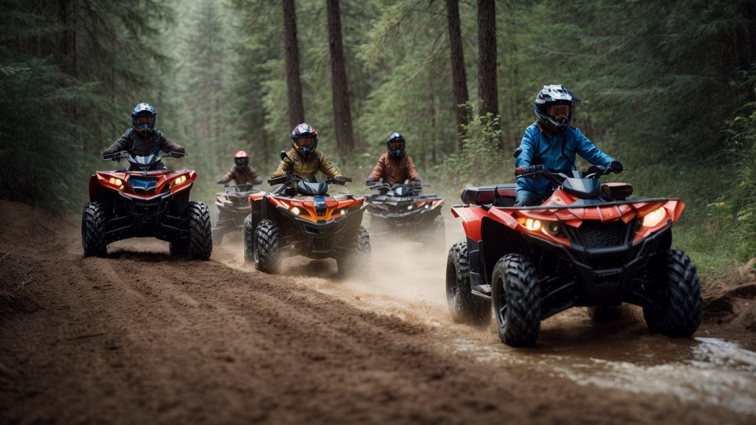 Family riding ATVs on forest trail, wearing helmets, off-road adventure scene
