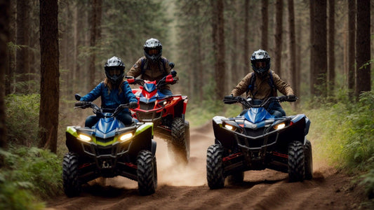 Family riding ATVs on forest trail, wearing helmets, off-road adventure scene