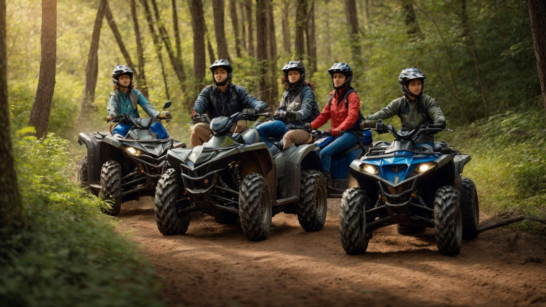 Family riding ATVs on a forest trail, wearing helmets, enjoying outdoor adventure