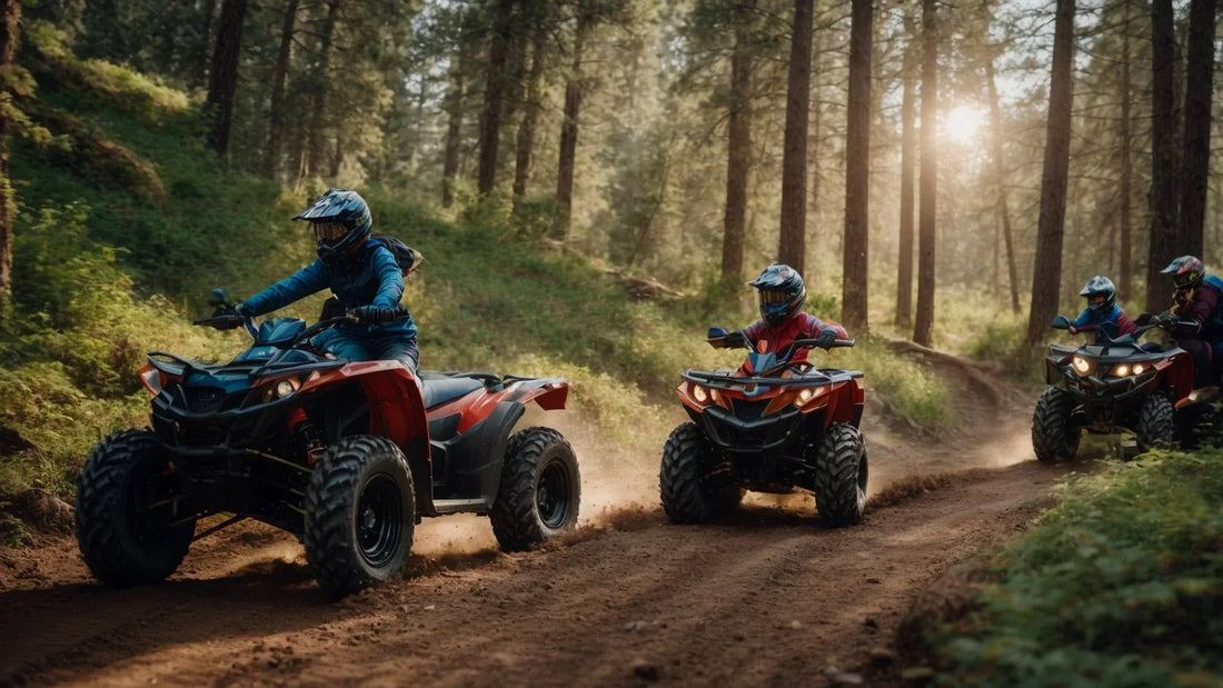 Family riding red ATVs with kids on a forest dirt trail, wearing helmets, outdoor adventure