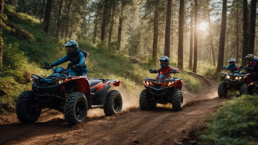 Family riding red ATVs with kids on a forest dirt trail, wearing helmets, outdoor adventure