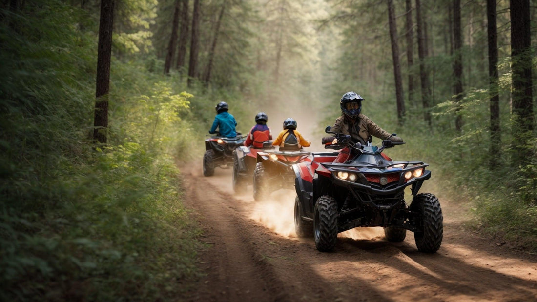 Family riding ATVs on a forest trail, wearing helmets, off-road adventure outdoors