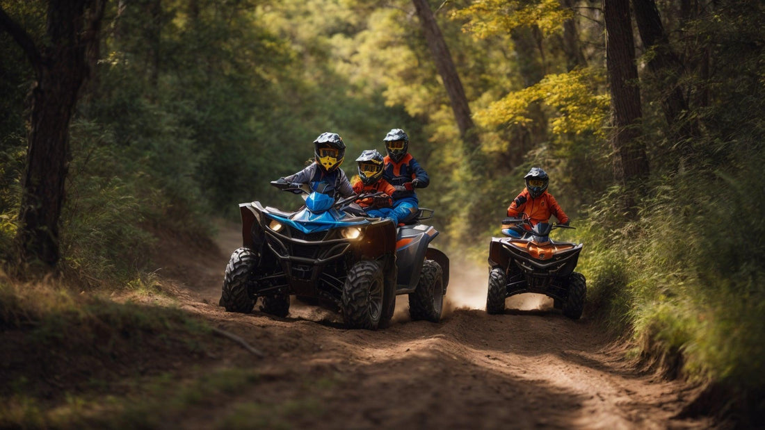 Family riding ATVs on a forest trail, wearing helmets and protective gear, outdoor adventure