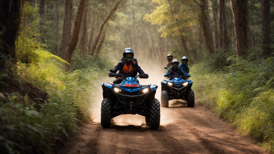 Family riding blue ATVs on a forest dirt trail, wearing helmets, outdoor adventure