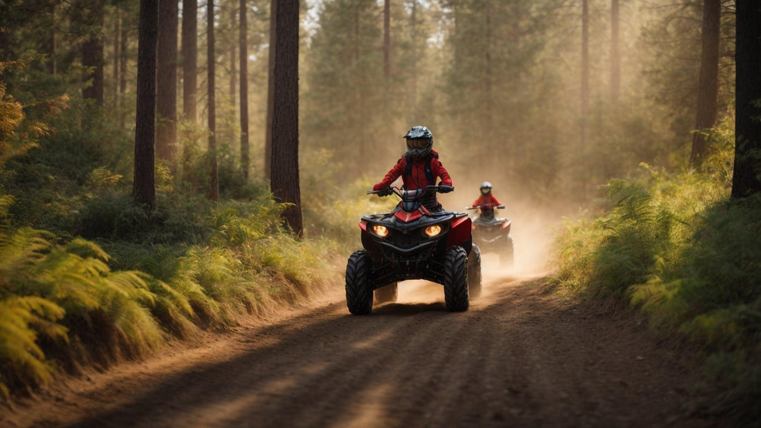Family riding ATVs on a forest trail, children wearing helmets, outdoor adventure