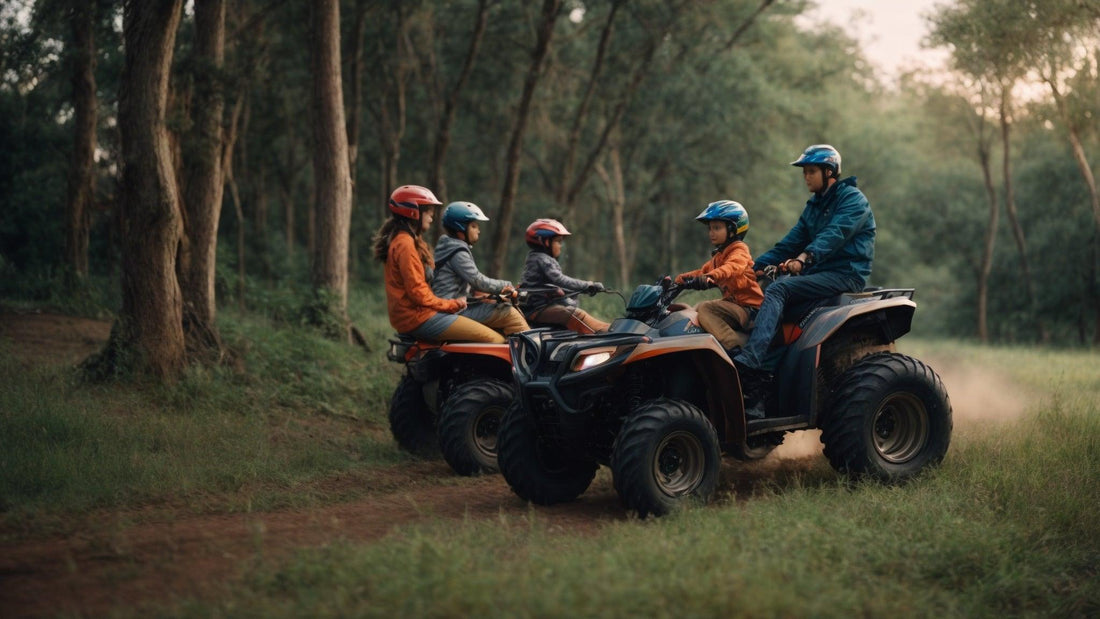 Family riding all-terrain vehicles in forest, kids wearing helmets on youth ATVs outdoors