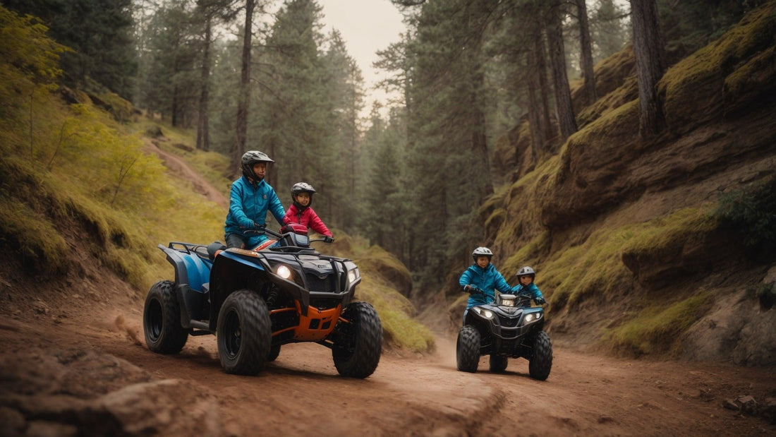 Family riding youth ATVs on forest trail surrounded by tall trees and mossy rocks
