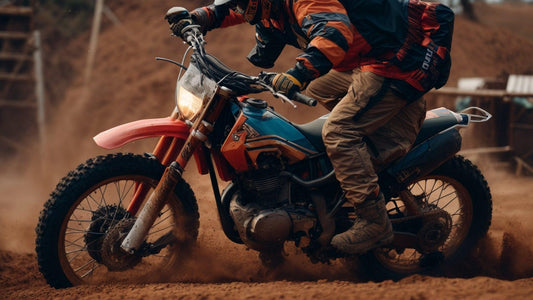 Rider in gear maneuvers blue and orange dirt bike on a sandy off-road track