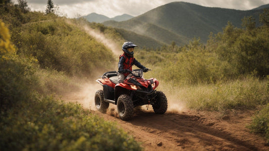 Kid riding red ATV on dirt trail in scenic mountain landscape with safety gear