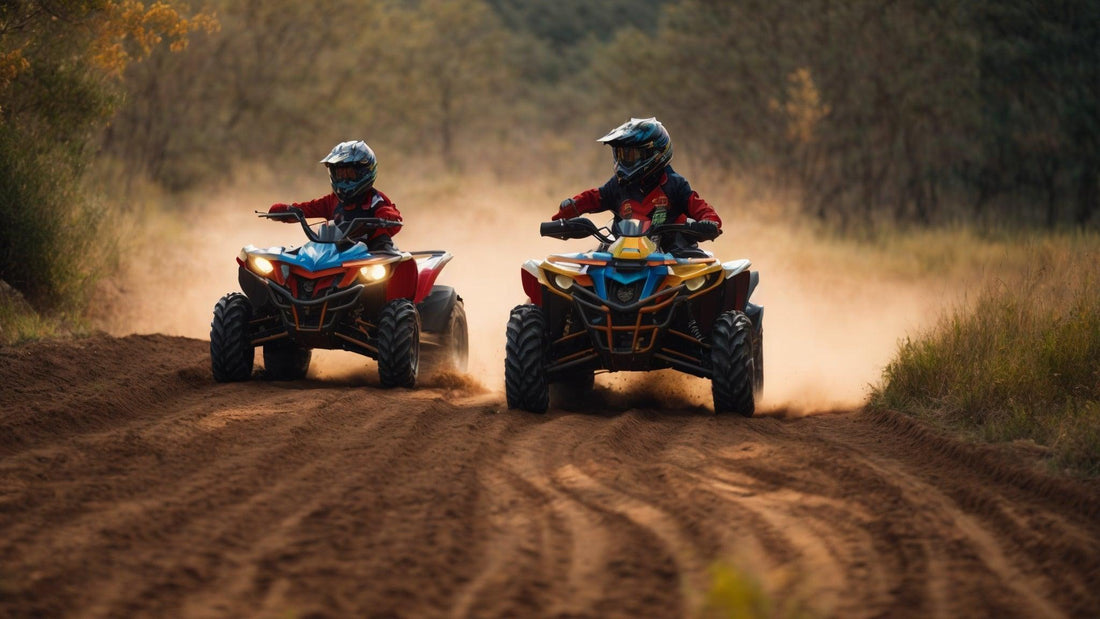 Two kids riding youth ATVs on a dirt trail outdoors, wearing helmets and safety gear