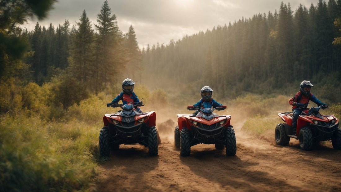Kids riding red ATVs on a dirt trail in a forest, wearing helmets and safety gear