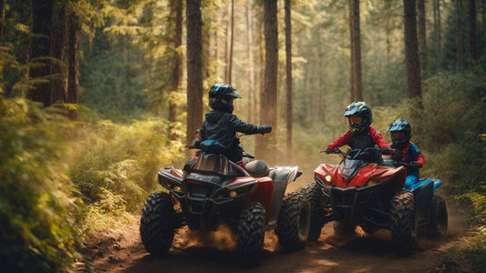 Kids riding ATVs on a dirt trail in a forest, wearing helmets and protective gear