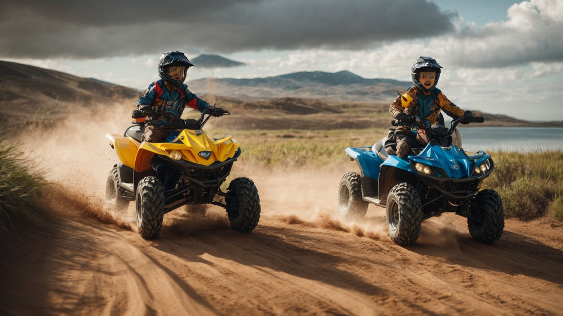 Kids riding yellow and blue ATVs on a dirt trail outdoors, wearing helmets and gear