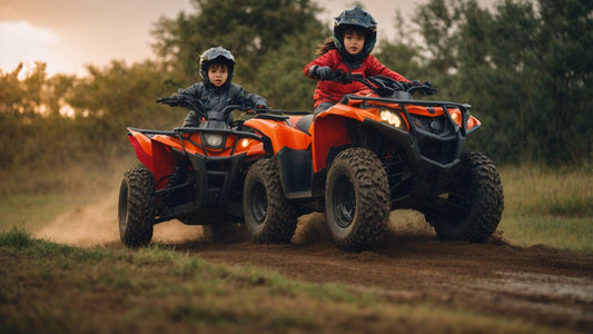 Kids riding orange ATVs on a dirt trail outdoors, wearing protective helmets