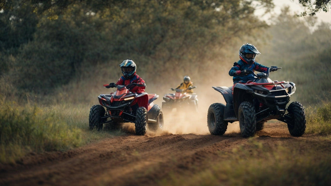 Kids riding ATVs on a dirt trail outdoors, wearing helmets and protective gear