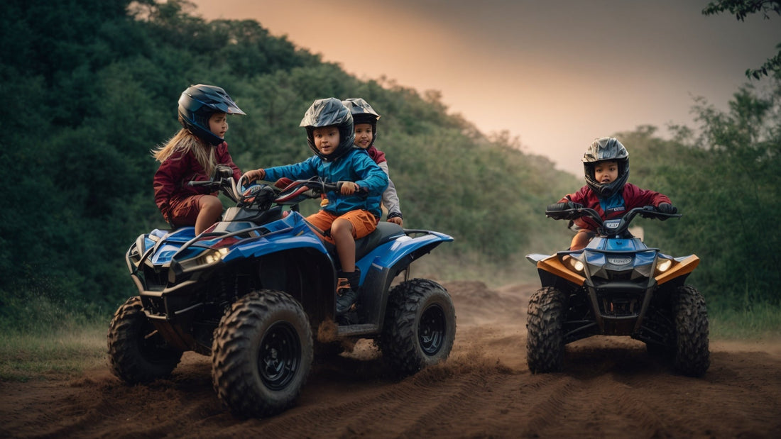 Kids riding blue ATVs on a dirt path outdoors, wearing helmets, youth all-terrain vehicles