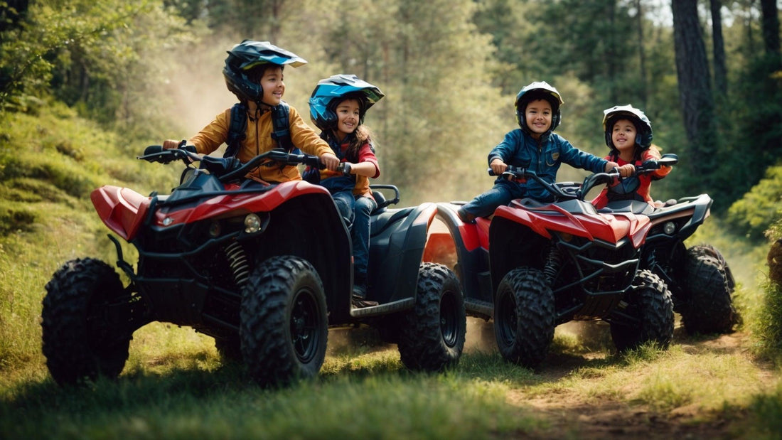 Kids riding red ATVs with helmets outdoors on a forest trail, enjoying off-road adventure