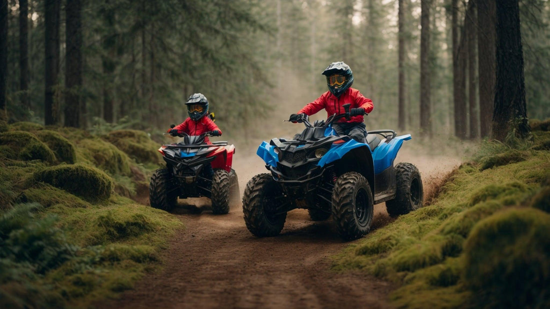 Kids riding ATVs on a dirt trail in a forest, wearing helmets and red jackets