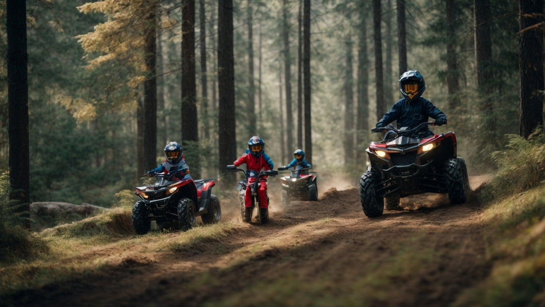Kids riding ATVs and a dirt bike on a forest trail, wearing helmets and protective gear