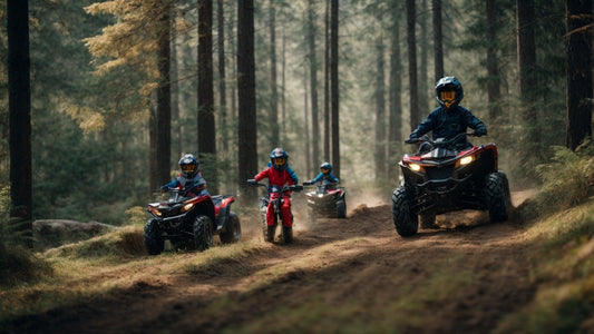 Kids riding ATVs and a dirt bike on a forest trail, wearing helmets and protective gear