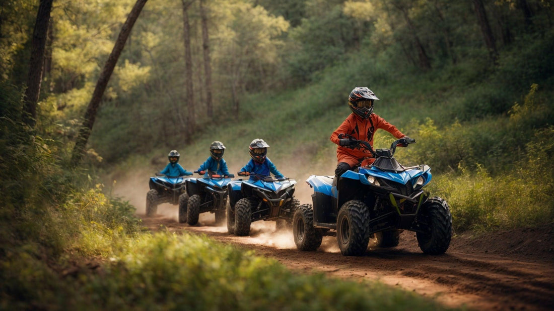 Kids riding blue ATVs on a dirt trail in a forest, wearing helmets and safety gear.