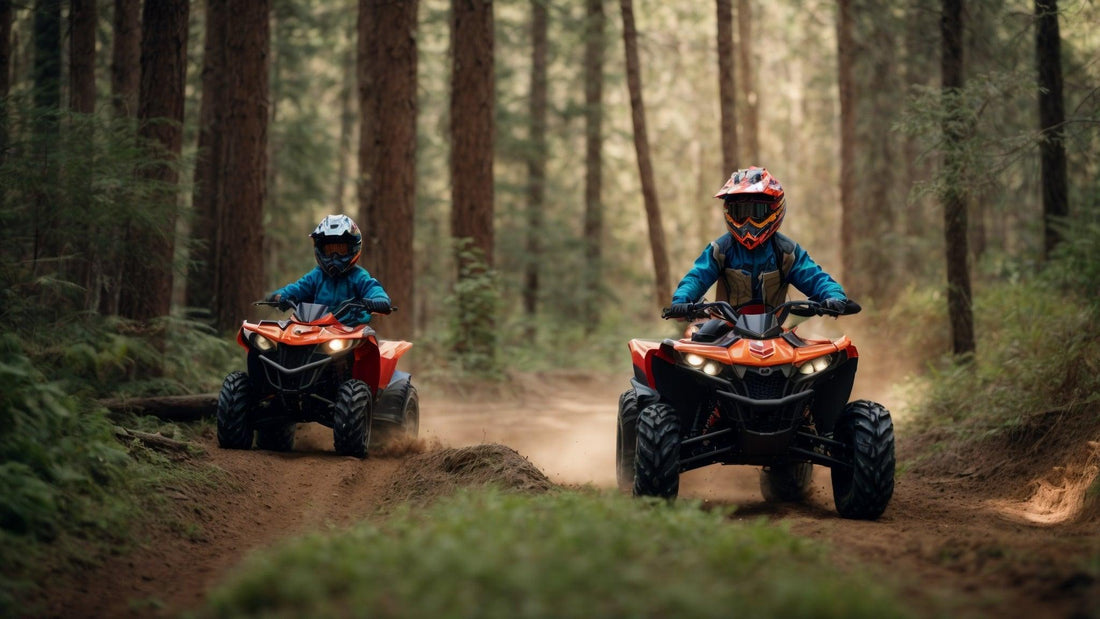Kids riding youth ATVs on a forest trail, wearing helmets and safety gear