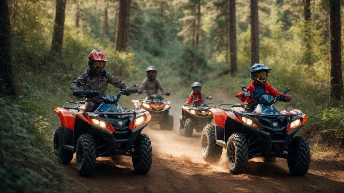 Kids riding ATVs on a forest trail, wearing helmets, enjoying outdoor adventure.