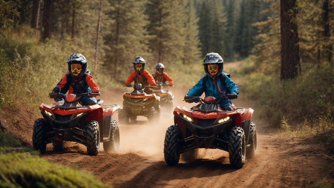 Kids riding red ATVs on a forest trail, wearing helmets and protective gear.