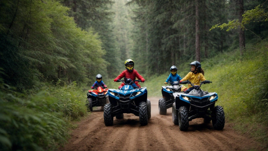 Kids riding ATVs with family on a forest trail, wearing helmets and protective gear