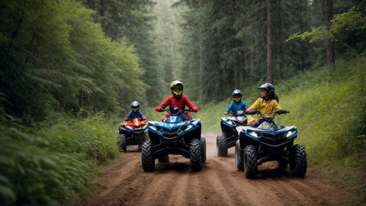 Kids riding ATVs with family on a forest trail, wearing helmets and protective gear