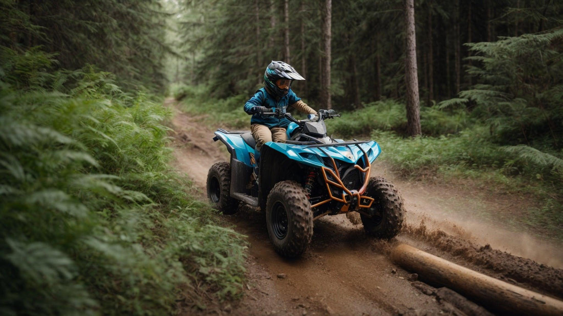 Kid riding a blue all-terrain vehicle on a dirt forest trail, wearing helmet