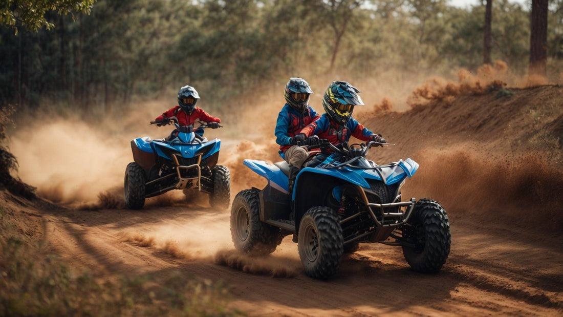 Kids riding blue ATVs on a dirt trail in a forest, kicking up dust and wearing helmets