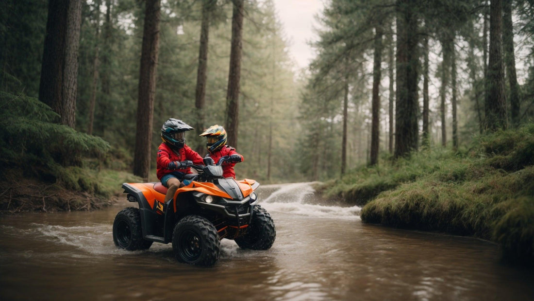 Kids riding orange ATV through forest creek, wearing helmets and red jackets