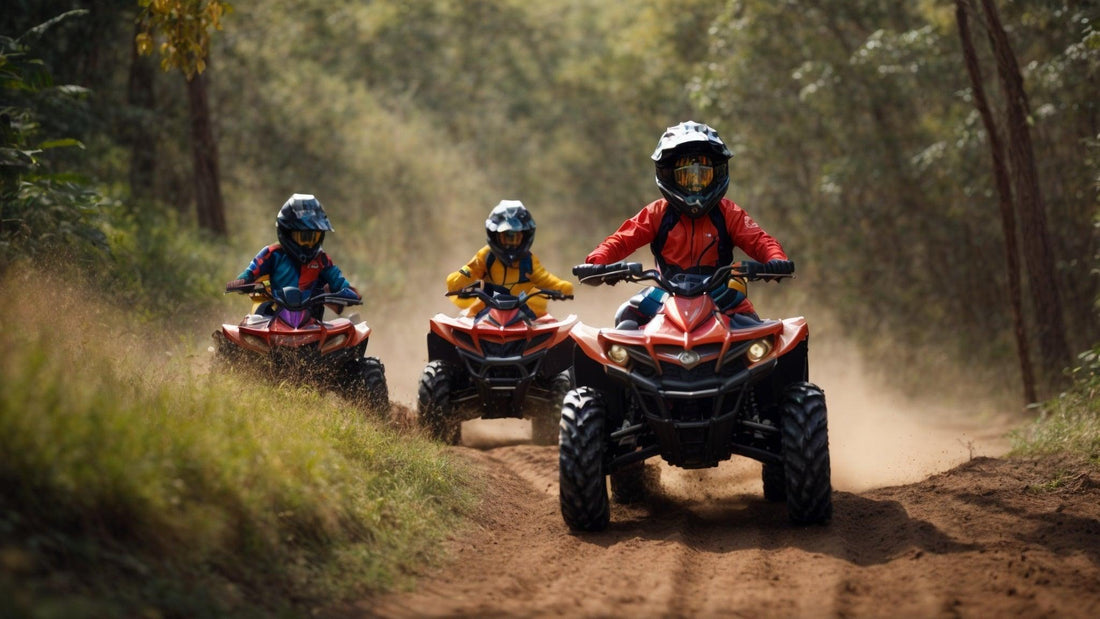 Kids riding youth ATVs on a dirt trail in a forest, wearing safety helmets and gear.