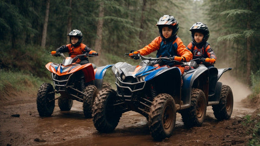 Kids riding youth ATVs on a muddy forest trail, wearing helmets and safety gear
