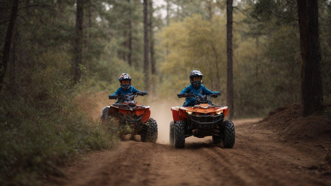 Kids riding orange ATVs on a dirt trail through a forest, wearing helmets