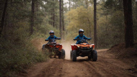 Kids riding orange ATVs on a dirt trail through a forest, wearing helmets