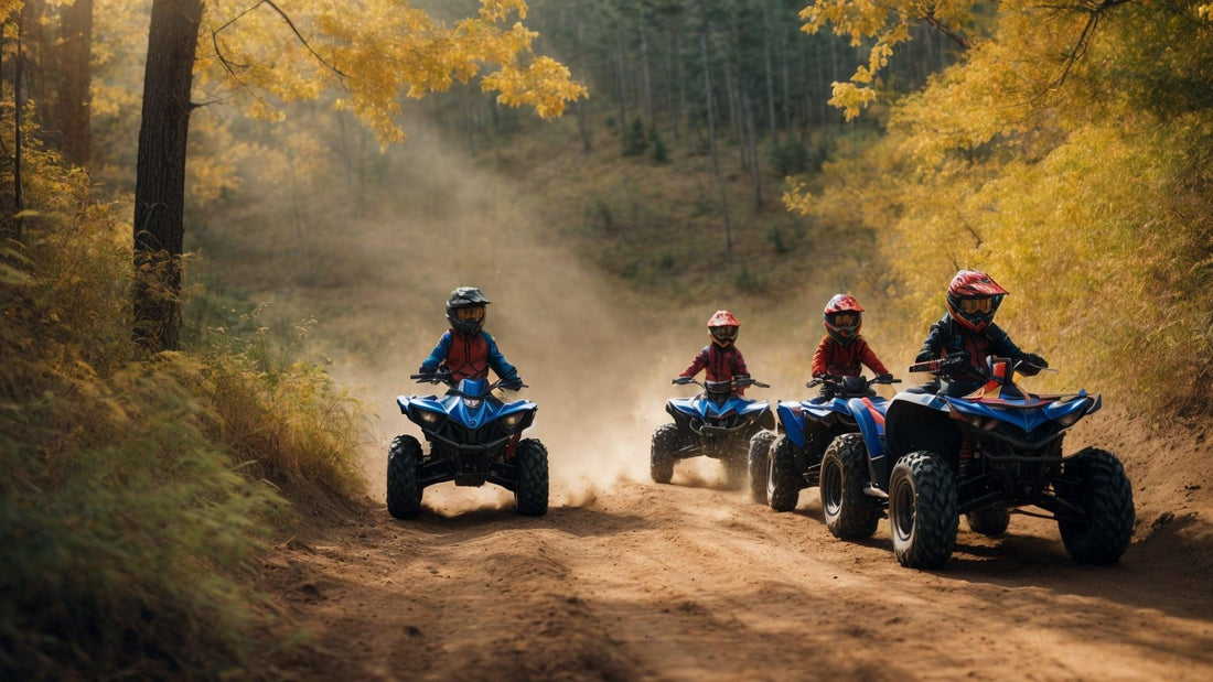 Kids riding blue ATVs on a dirt trail in the forest wearing helmets and safety gear
