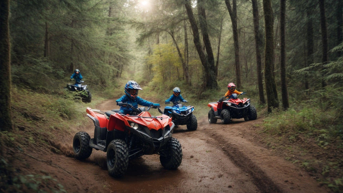 Kids riding ATVs on a forest trail, wearing helmets and safety gear.