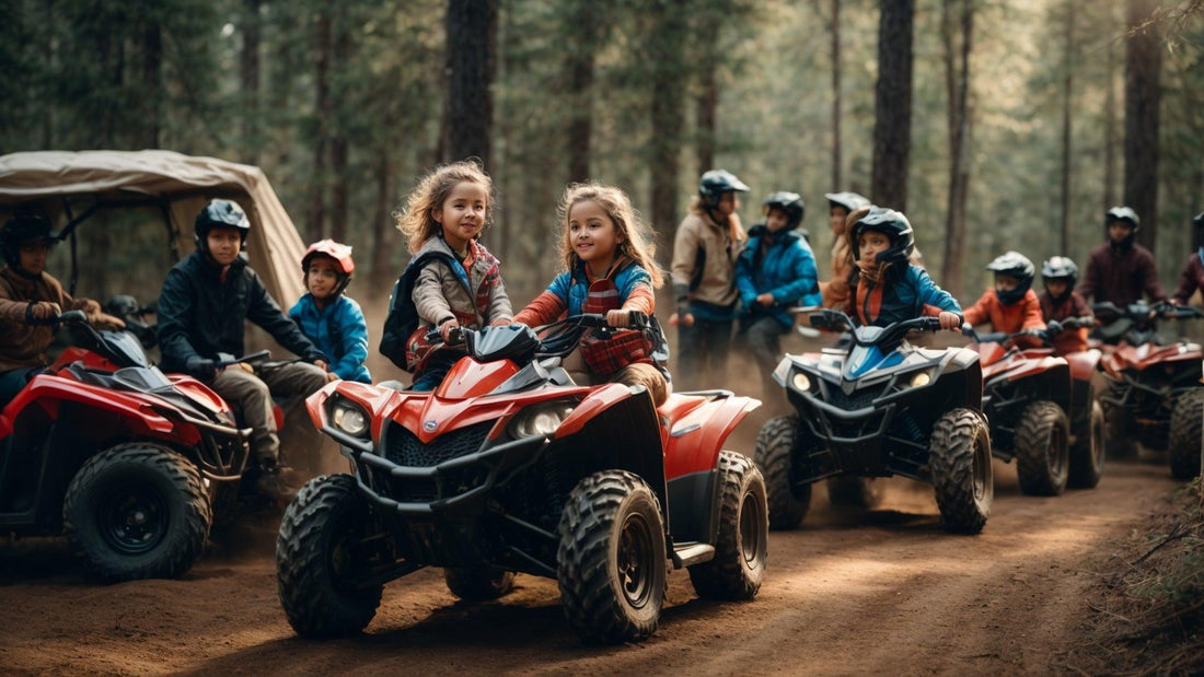 Kids and adults riding ATVs together on a dirt trail in a forest, outdoor family adventure