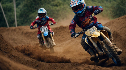 Kids riding dirt bikes on a sandy track wearing protective gear and helmets