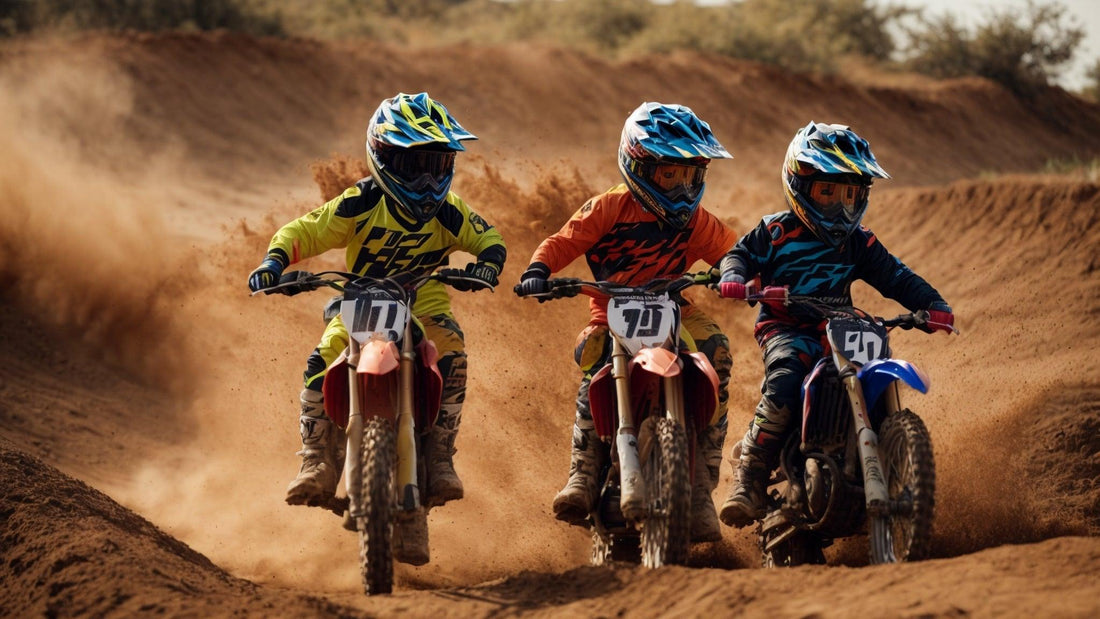 Kids riding dirt bikes on a sandy motocross track, wearing helmets and racing gear