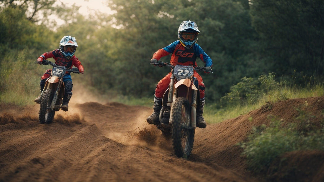 Kids riding dirt bikes on an outdoor dirt trail wearing helmets and motocross gear