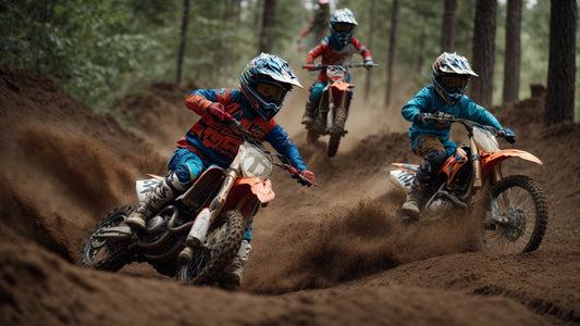 Kids in protective gear riding dirt bikes on a forest motocross trail kicking up dirt