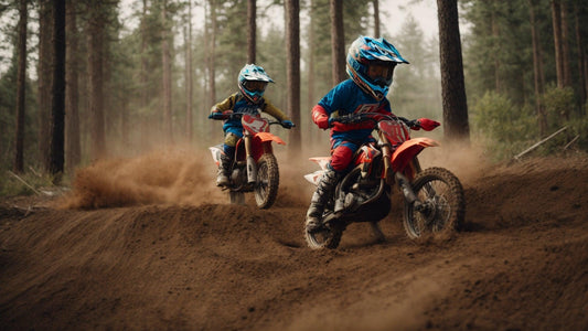 Kids riding dirt bikes on a forest trail, wearing helmets and motocross gear.