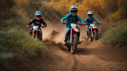 Kids riding dirt bikes on a rugged trail, wearing helmets and motocross gear outdoors