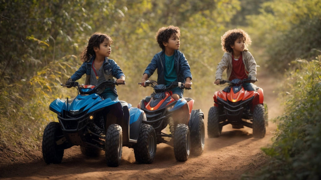 Kids riding youth ATVs on a dirt trail in a wooded outdoor setting